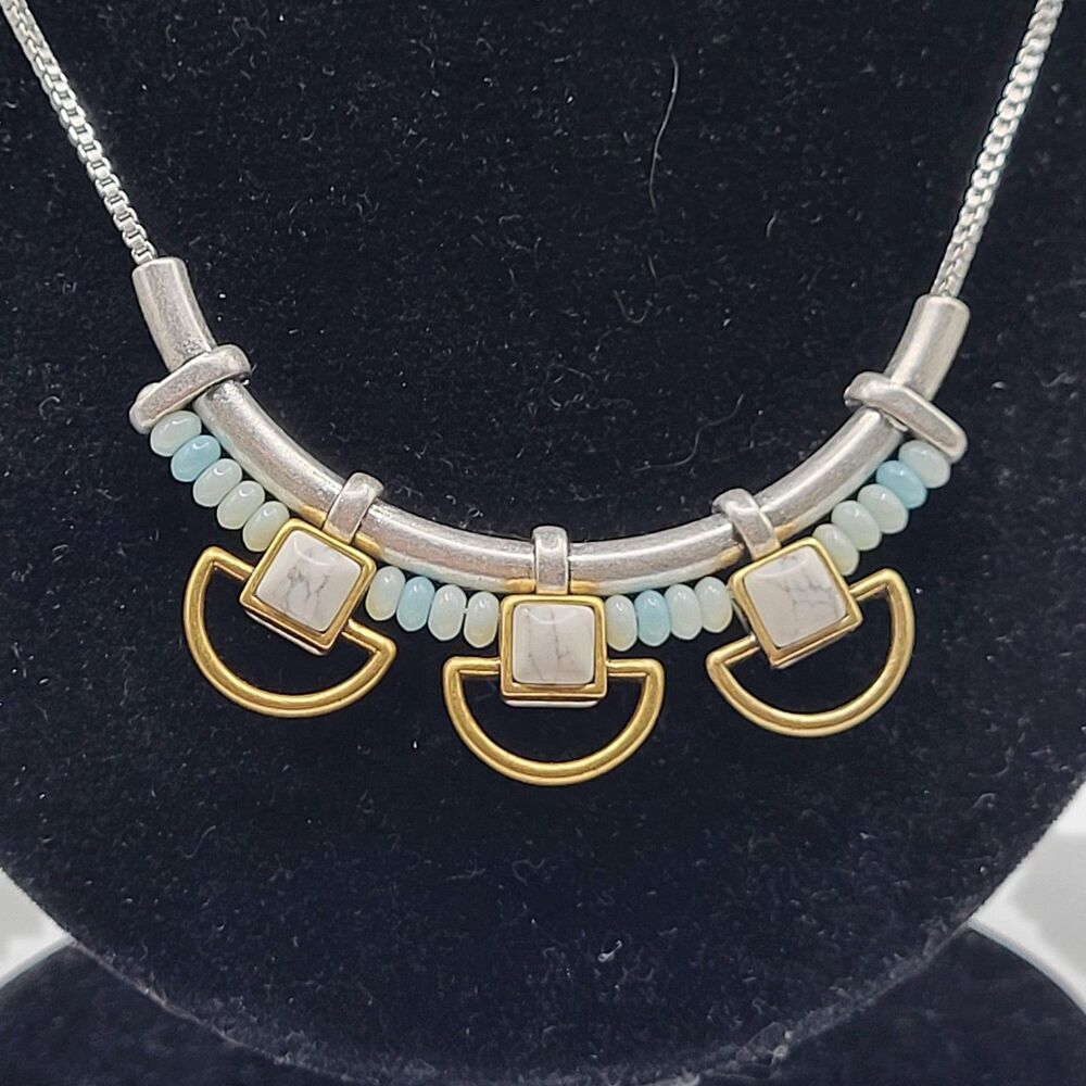 Stella & Dot Marble Gold Silver tone Square Bib Chain 20in